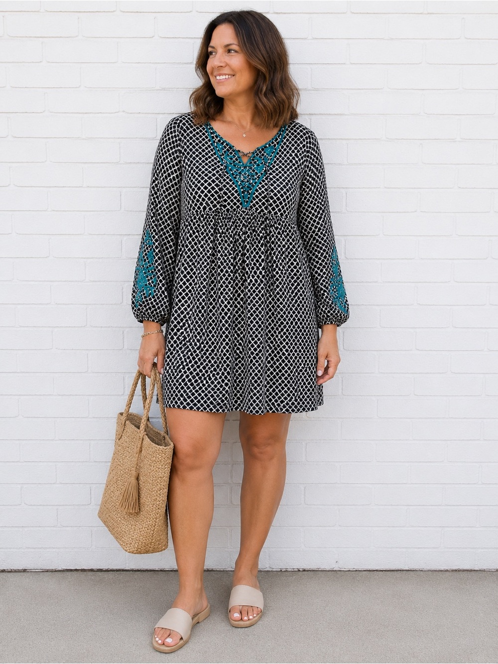THML Embroidered Boho Tunic Dress Small Black Teal Lace-Up Mini Rayon